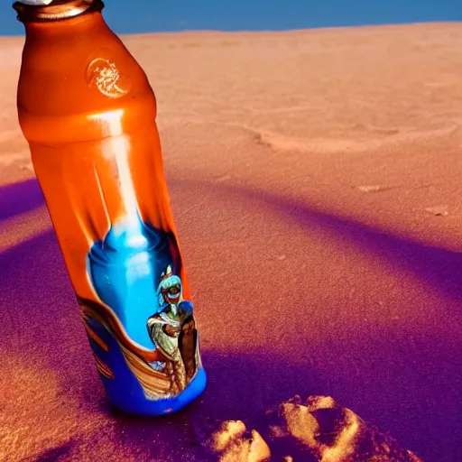 Image similar to sinbad stuck in a fanta bottle abandoned in desert with purple sky