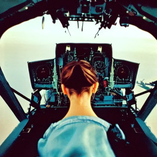 Prompt: film still, extreme far view, emma watson, in fighter jet cockpit, apocalypse now, associated press, 2 6 mm, kodak ektachrome, blue tint expired film,