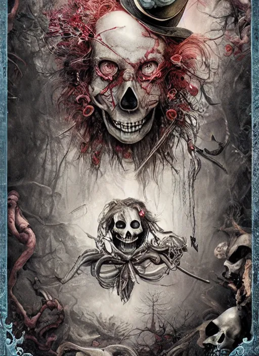 Image similar to Alice in Wonderland Mad Hatter Death Tarot card,highly detailed,half skull face,cinematic,8k,by Stanley Artgermm,Tom Bagshaw,Greg Rutkowski,Carne Griffiths, Ayami Kojima, Beksinski, Giger,trending on DeviantArt,hyper detailed,horror, full of colour