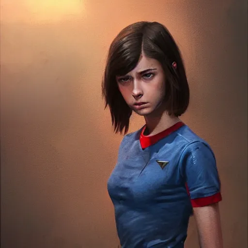 Image similar to portrait of a brunette thin teenager girl with blue eyes in fallout 4, light stubble with red shirt, inside modern school ,digital art,photorealistoc,art by greg rutkowski,hyperdetailed,western comic style,comic,comic style,sharp lineart,professional lighting,deviantart,artstation,trevor henderson,rossdtaws,cinematic,dramatic