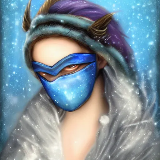 Image similar to bandit from ‘ icewind dale ’ and ‘ icewind dale heart of winter ’, with a frost blue gem mask lined with copper, ‘ icewind dale 2 ’ profile portrait by ‘ justin sweet ’, perfect face, pretty face, falling snow, soft focus, illustration, oil paint,