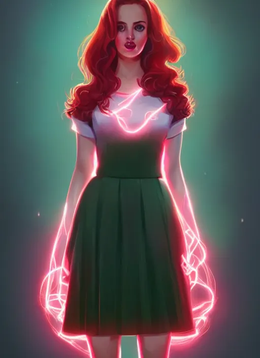 Image similar to full body portrait of teenage cheryl blossom, bangs, green eyes, sultry expression, red hair, sultry smirk, bangs and wavy hair, pink skirt, intricate, elegant, glowing lights, highly detailed, digital painting, artstation, concept art, smooth, sharp focus, illustration, art by wlop, mars ravelo and greg rutkowski