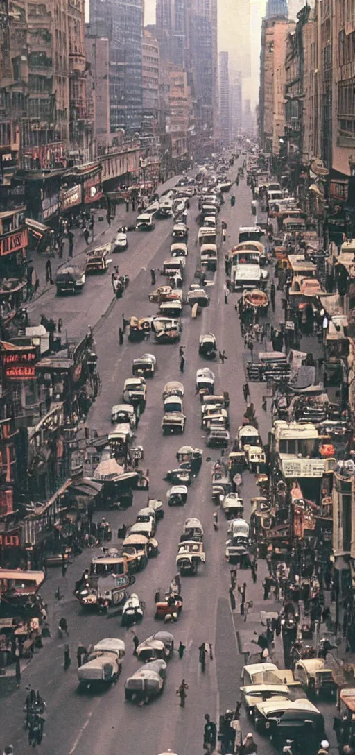 Prompt: 1 9 6 0 s bustling city street, colorized, wallpaper