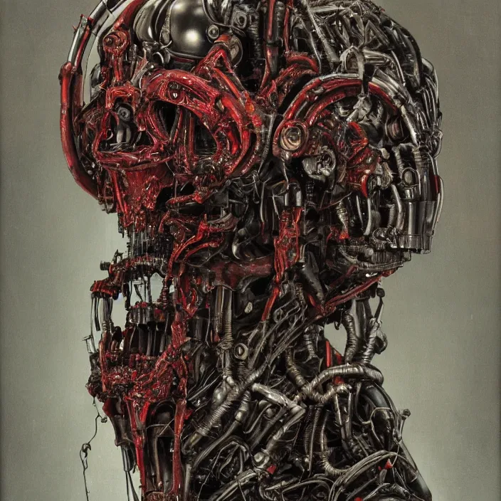 Image similar to in the art style of H.R. Giger a portrait of an evil, demented battle-damaged ruby Ultron from Age of Ultron, clockwork steampunk, head and chest only, by Beksinski, 4k, deviantart, trending on artstation, bio-chemical, bionic, fiber-optics, wires, electrical, short circuit, robocop, terminator, t-800, endoskeleton, steampunk