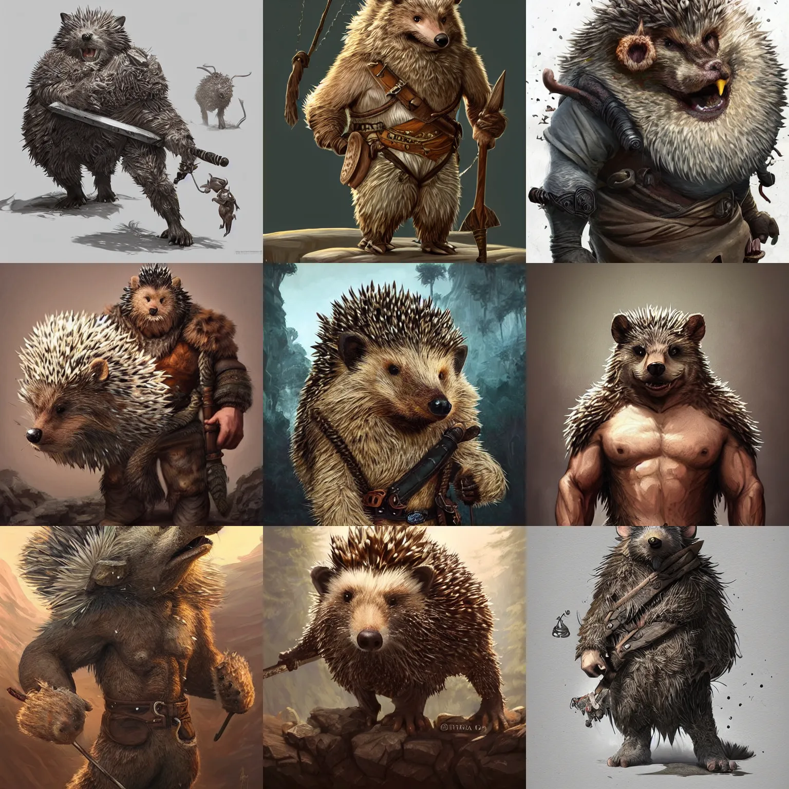 Prompt: anthropomorphic rugged hedgehog!!! with furry!! barbarian muscular upper body, 👅 👅 , D&D, fantasy, intricate, elegant, highly detailed, digital painting, artstation, concept art, smooth, sharp focus, illustration, art by artgerm and beeple and greg rutkowski and alphonse mucha