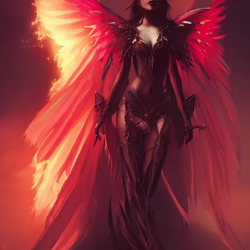 Image similar to young vampire princess with burning wings 4 k high definition gorgeous dramatic lighting artstation trending path traced contrast light and dark cinematic breathtaking by hughes, edward robert, noriyoshi ohrai and hans zatzka