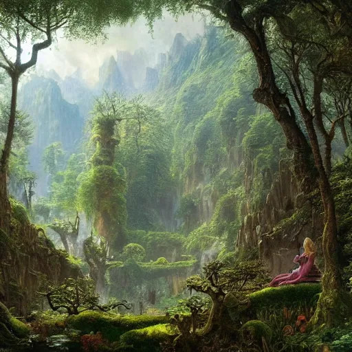Prompt: a beautiful and highly detailed matte painting of an elven garden in a mystical forest in a dreamy valley deep in the tall mountains of avalon, intricate details, epic scale, insanely complex, 8 k, sharp focus, hyperrealism, very realistic, by caspar friedrich, albert bierstadt, james gurney, brian froud,