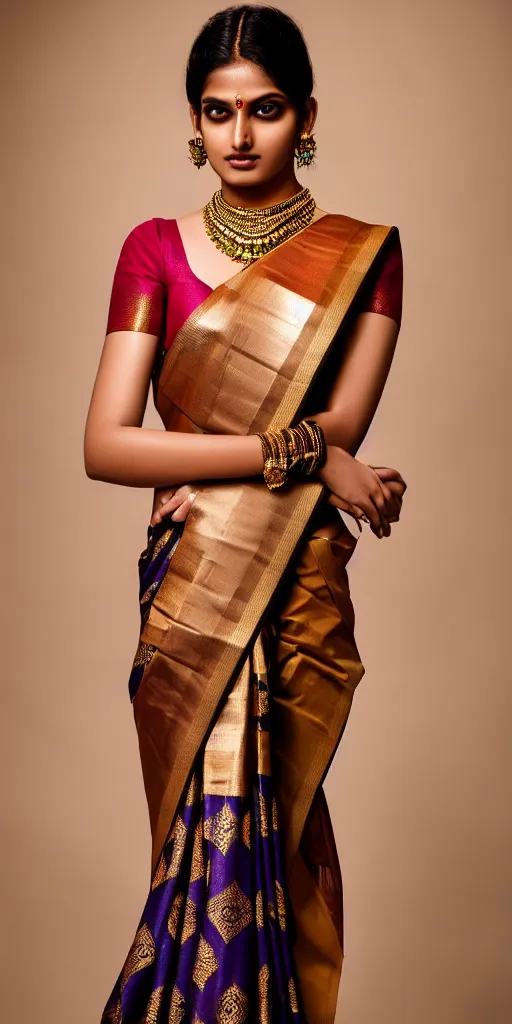 Image similar to beautifull indian model, wearing louis vuitton saree, luxury materials, symmetrical, cinematic, elegant, professional studio light, real dlsr photography, sharp focus, 4 k, ultra hd, sense of awe, high fashion