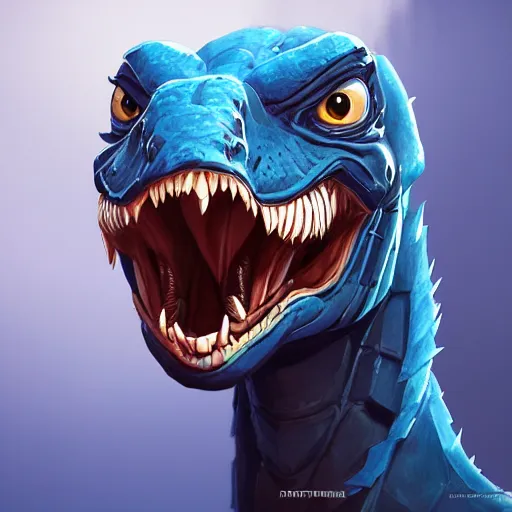 Image similar to portrait of an antropomorphic raptor creature, reptile face, dark blue scales, angry look, ready for battle, mattepainting concept blizzard pixar maya engine on cold night stylized background splash comics global illumination lighting artstation lois van baarle, ilya kuvshinov, rossdraws