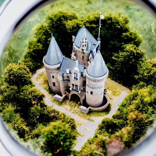 Image similar to aerial photo of castle in a terrarium, sigma 5 0 mm f 1. 4, cinematic macro photography