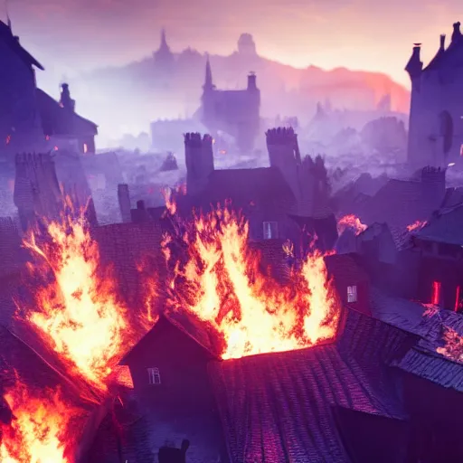 Image similar to medieval village burning down from meteor debris, award winning, trending on artstation, unreal engine, fantasy art, octane render, hyperrealistic