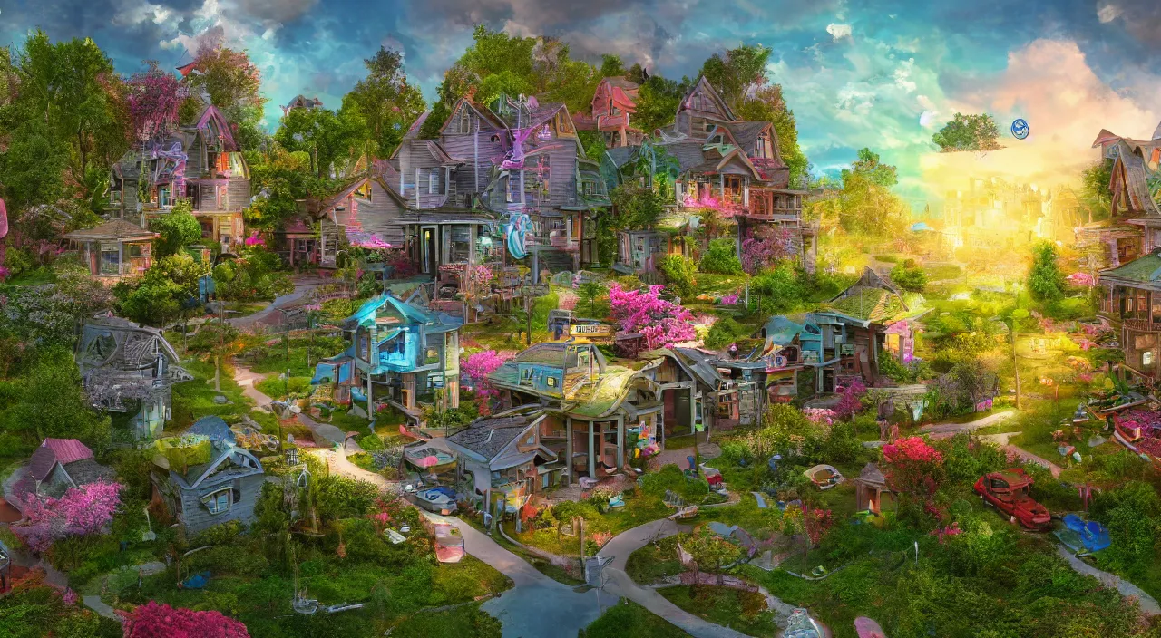 Prompt: a lucid dream adventure awaits inside a suburban neighborhood. 8 k resolution, beautiful, digital art, maximalist.