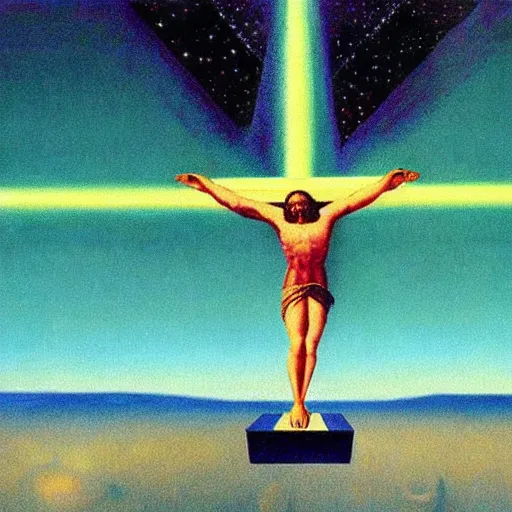 Image similar to very very very beautiful painting of jesus christ being crucified on a laser cross in outer space, painted by rene magritte