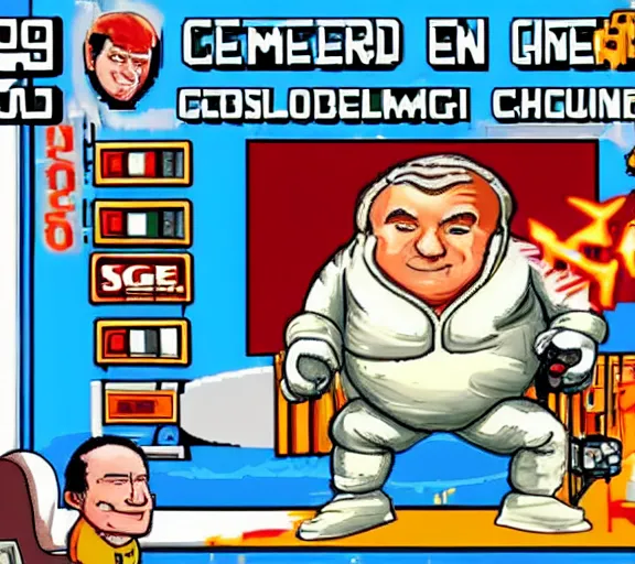 Image similar to screenshot of a sega genesis game, michelin man, columbo, chuck schumer