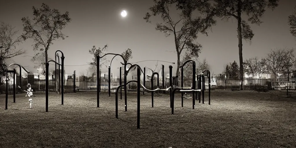 Image similar to a play ground at night, dark haunted by ghosts of children in the style of photographer Joshua Hoffine