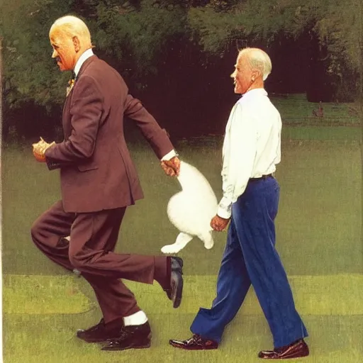 Image similar to joe biden being led around by a large rabbit, artist norman rockwell,