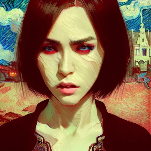 Image similar to feminine nicolas cage in seductive clothing by ross tran, walking in a castle painted by sana takeda, rtx reflections, very high intricate details, painting by van gogh, digital anime art, medium shot, mid - shot, composition by ilya kuvshinov, lighting by greg rutkowski