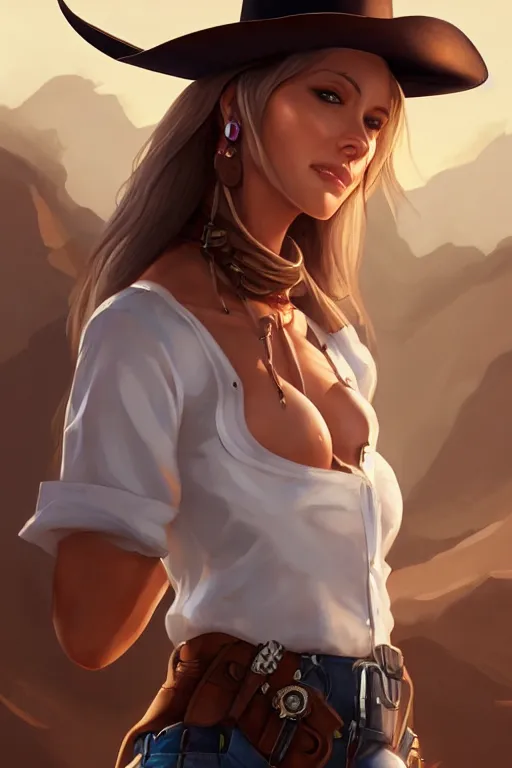 Image similar to full body, female cowgirl, perfect face, white blouse, holster, 8 k, magic the gathering, desert, d & d, artstation, high detail, smooth, sweaty