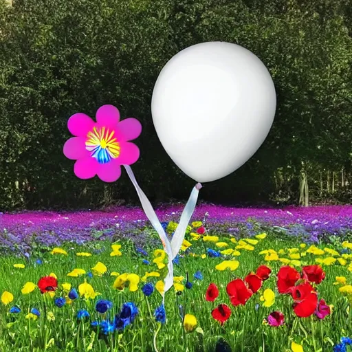 Prompt: micky mouse head balloon over a flower meadow, iridescent, bleeple
