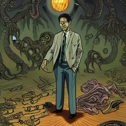 Image similar to Cthulhu as a modern day business man with a family and a drug and gambling addiction, Junji Ito and Greg rutkowski, psychedelic , 50s style infomercial , award winning , retro futuristic