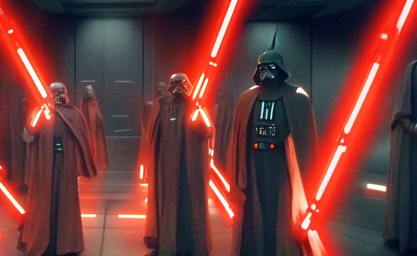 Prompt: screenshot of clones of Emporer Palpatine's body floating in large glowing glass tubes, force awakens Snoke in glass containers, iconic scene from Star Wars, horror sci-fi 1980s film directed by Stanley Kubrick, 4k HD, cinematic lighting, dark moody scene, stunning cinematography, HR geiger set design, anamorphic lenses, kodak color film stock, movie still