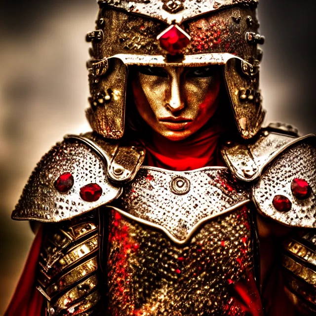 Image similar to photo of a beautiful! warrior with ruby encrusted armour, highly detailed, 8 k, hdr smooth, sharp focus, high resolution, award - winning photo, dslr, 5 0 mm