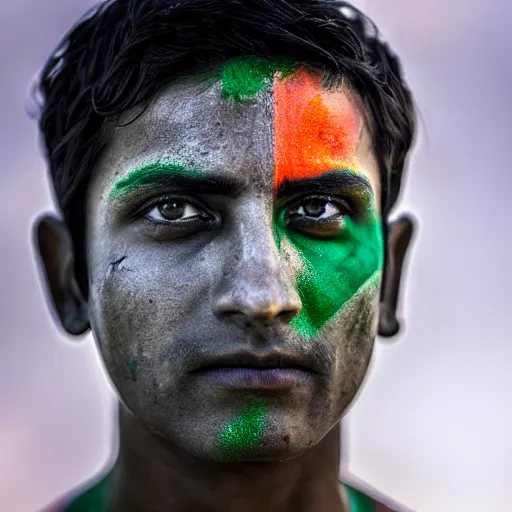 Prompt: a dramatic photograph of soldier from india, indian flag painted on his face, cinematic lighting