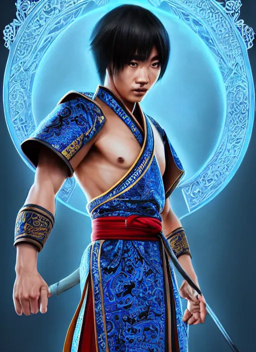 Prompt: male martial artist with a mongolian pigtail hairstyle!!!! asian facial features and blue eyes!! intricate ornate blue robes!! character concept art, sharp focus, octane render! unreal engine 5! highly rendered!! trending on artstation!! detailed linework!! illustration by artgerm, wlop, and chie yoshii