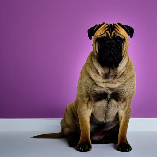 Image similar to a sunset patterned bullmastiff in a white room