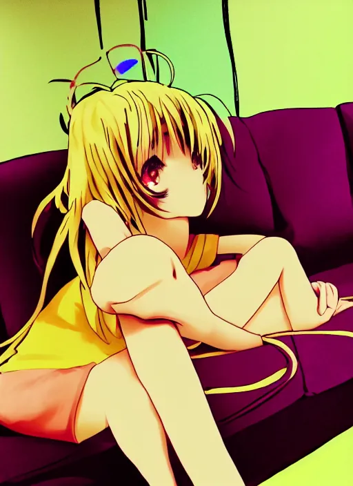 Prompt: anime girl with blonde hair laying on sofa, smoking, neon lights