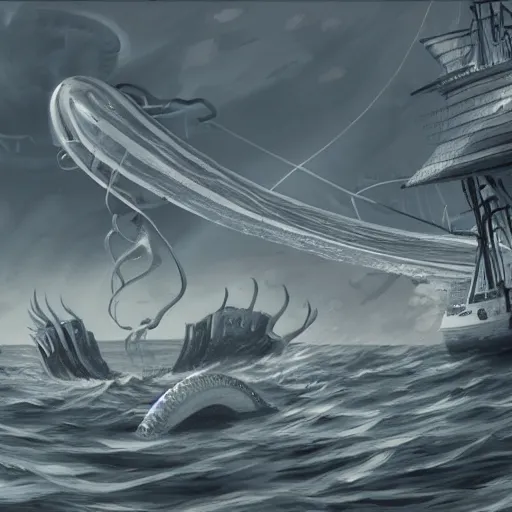 Prompt: a giant squid attacking a ship, its tentacles wrapping around the ship, the squids head peaking out of the water, trending on artstation, highly detailed, dramatic lighting