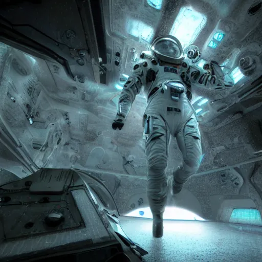 Image similar to concept art by craig mullins astronaut in futuristic dark and empty spaceship underwater. infrared complex and hyperdetailed technical suit. mandelbulb fractal. reflection and dispersion materials. rays and dispersion of light. volumetric light. 5 0 mm, f / 3 2. noise film photo. flash photography. unreal engine 4, octane render. interstellar movie art