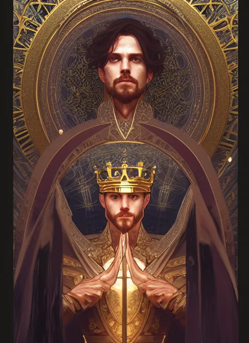 Image similar to symmetry!! portrait of king arthur, intricate, elegant, highly detailed, digital painting, artstation, concept art, smooth, sharp focus, illustration, art by artgerm and greg rutkowski and alphonse mucha, 8 k