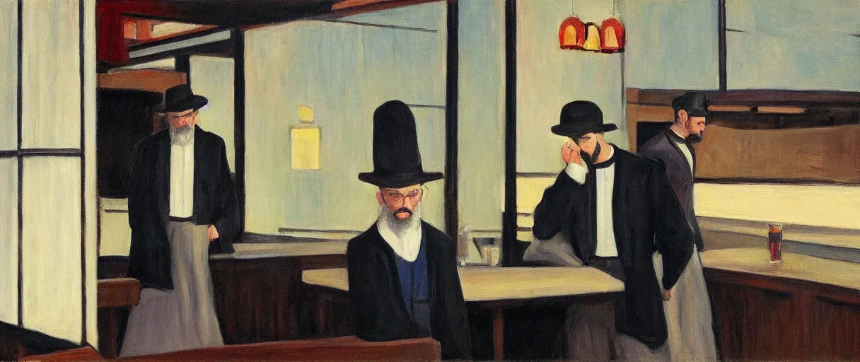 Image similar to a rabbi priest and minister walk into a bar, in the style of an awesome edward hopper painting