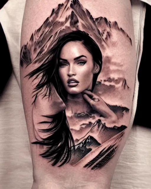 Image similar to creative double exposure effect tattoo design sketch of megan fox with beautiful mountains, realism tattoo, in the style of andrey lukovnikov, amazing detail, sharp