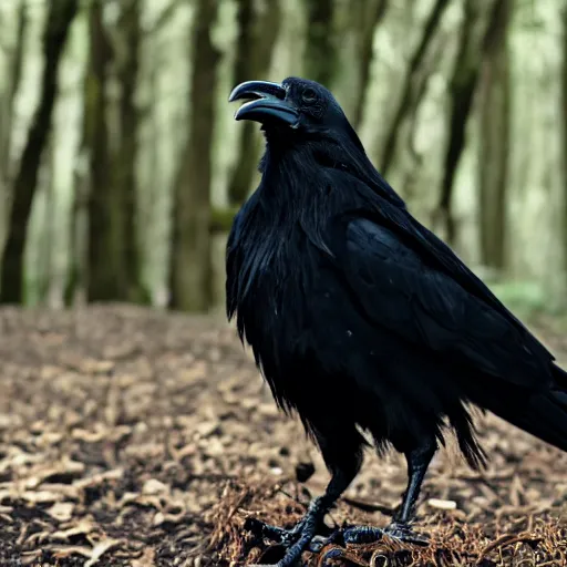 Image similar to crossbreed between a human male and crow, photograph captured in a forest