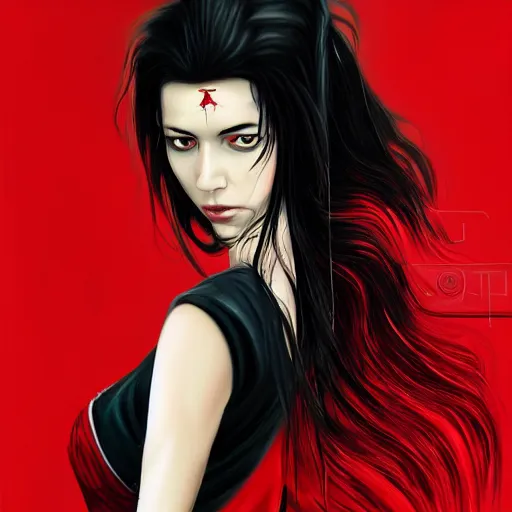 Prompt: stunning comic book style portrait painting of Long Black Haired beautiful woman wearing red dress holding black blade, red eyes, in the style of WLOP, 8k masterpiece, cinematic lighting, pristine clean design, high fantasy, insanely detailed, atmospheric,