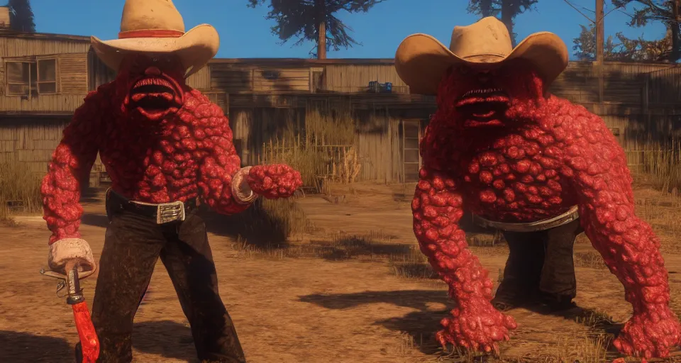 Prompt: Screenshot of Meatwad from Aqua Teen Hunger Force as a 3d cowboy in full cowboy attire in the videogame 'Red Dead Redemption 2'. Sharpened. 1080p. High-res. Ultra graphical settings.