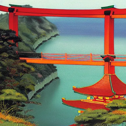 Prompt: a beautiful shinto shrine made with locally available materials and colors, standing atop the cliffs of dover, noriyoshi ohrai painting