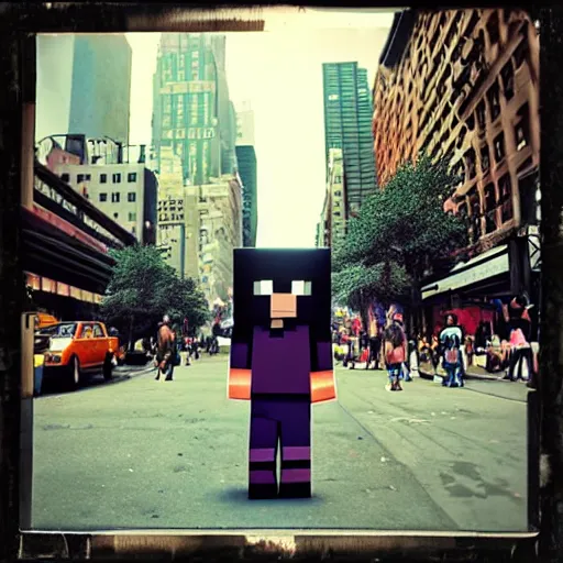 Prompt: A minecraft enderman walking the streets of new york, photograph, polaroid