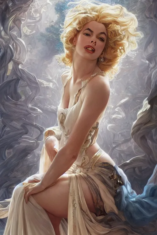 Image similar to ultra realistic illustration, a stunningly beautiful greek goddess of chaos played by marilyn monroe and christina hendricks and margot robbie and taylor swift and megan fox and emma stone and britney spears, intricate, elegant, highly detailed, digital painting, artstation, concept art, smooth, sharp focus, illustration, art by artgerm and greg rutkowski and alphonse mucha