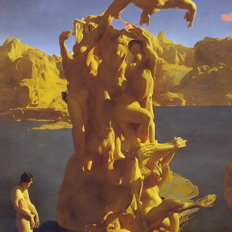 Prompt: A Monumental Public Sculpture of a 'Fist made out of Gummy Spaghetti' on a pedestal by the lake, surreal oil painting by John Singer Sargent and Maxfield Parrish and Max Ernst shocking detail hyperrealistic!! Cinematic lighting