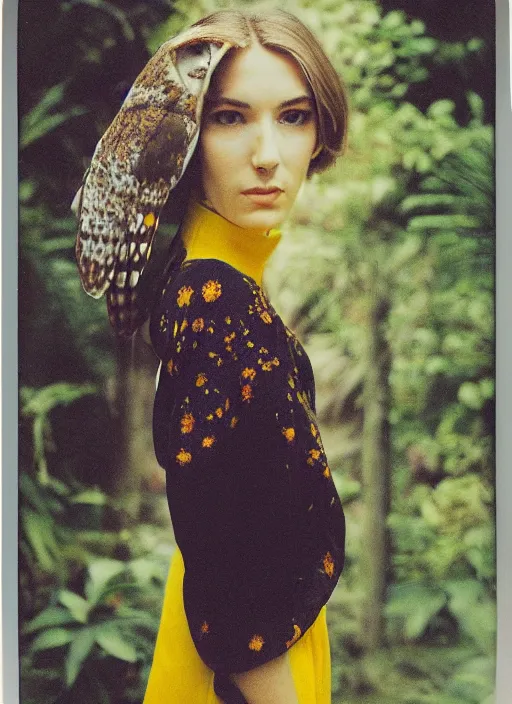 Image similar to grainy head to shoulder portrait Polaroid film photograph of an elegant top model wearing a yellow kimono with a very detailed barn owl on her shoulder!!! in a tropical greenhouse. looking at the camera!!. super resolution. Polaroid 600 film. art by Alessio albi and Annie Leibovitz.