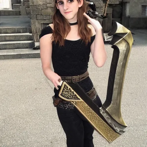 Image similar to Emma Watson holding a real life armadyl godsword from Runescape