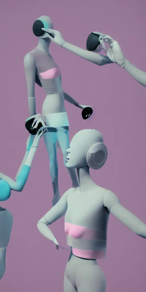 Prompt: 3d matte render, VR goggles, mannequins, dj rave party, Hsiao-Ron Cheng, pastel colors, hyper-realism, pastel, polkadots, minimal, simplistic, amazing composition, vaporwave, wow, Gertrude Abercrombie, Beeple, minimalistic graffiti masterpiece, minimalism, 3d abstract render overlayed, black background, psychedelic therapy, trending on ArtStation, ink splatters, pen lines, incredible detail, creative, positive energy, happy, unique, negative space, pure imagination painted by artgerm