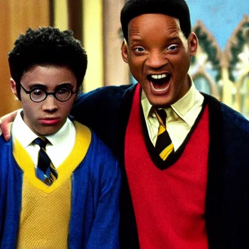 Prompt: Harry Potter on the fresh prince tv show with will smith, movie still,