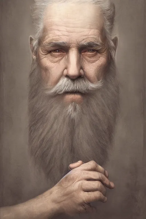 Image similar to a stunning ultra realistic fine art painting of a content old man with a long gray beard, peaceful and graceful, by tom bagshaw, studio portrait, muted colors, melancholic, catchlight in the eyes, 4K