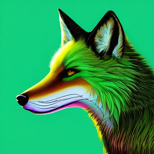 Prompt: digital green as lime fox, retrowave palette, digital world, highly detailed, electric breeze, anatomically correct vulpine, synth feel, fluffy face, ear floof, flowing fur, super realism, accurate animal imagery, 4 k digital art