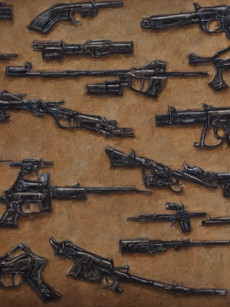 Image similar to oil painting of guns on a wall, ultra-realistic, intricate details, 4k