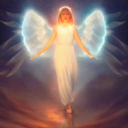 Image similar to Angel in the universe, surrounded by a light circle, glowing, high saturation, cinematic light effect, realistic, adding detail, by Wlop，rococo style, high definition